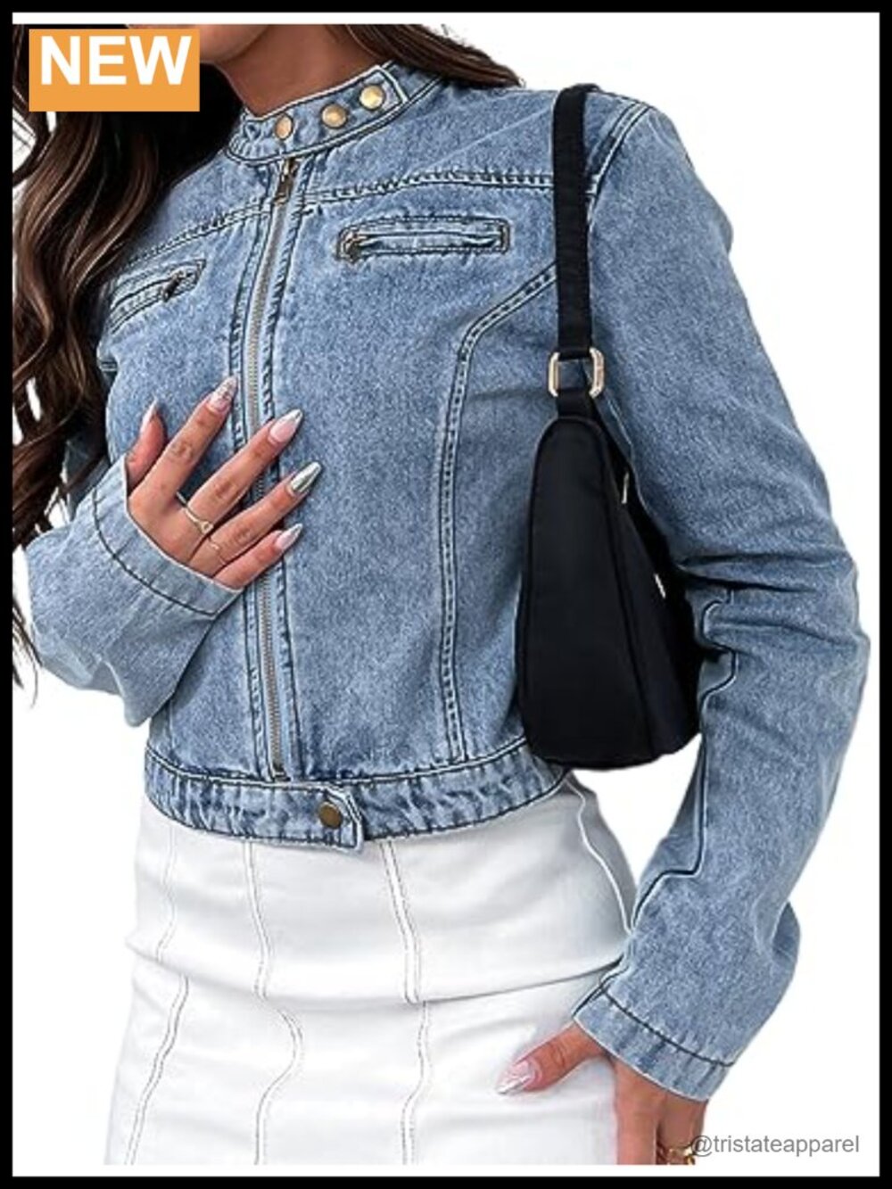 Cropped Stretchy Zip Front Motorcycle Denim Jacket
